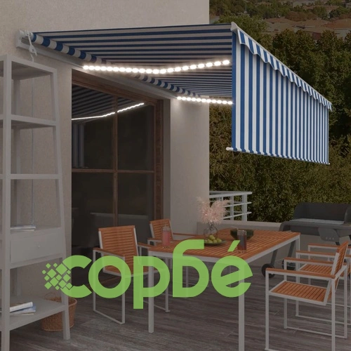Автоматична тента с щора LED сензор за вятър 5x3 м синьо и бяло  ➤ топ цена ➤ sorbe.bg