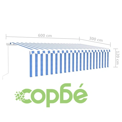 Ръчно прибиращ се сенник с щора и LED, 6x3 м, синьо и бяло ➤ топ цена ➤ sorbe.bg