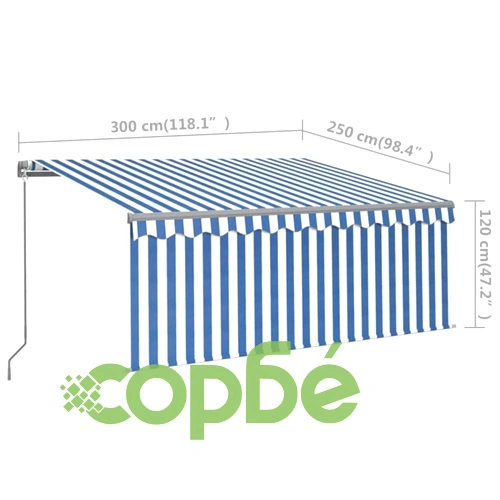 Ръчно прибиращ се сенник с щора, 3x2,5 м, синьо и бяло ➤ топ цена ➤ sorbe.bg