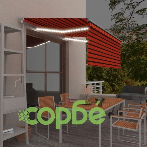 Ръчно прибиращ се сенник с щора и LED, 3x2,5 м, оранжево/кафяво   ➤ топ цена ➤ sorbe.bg