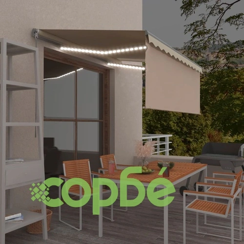 Ръчно прибиращ се сенник с щора и LED, 3,5x2,5 м, кремав ➤ топ цена ➤ sorbe.bg