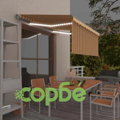 Ръчно прибиращ се сенник с щора и LED, 3,5x2,5 м, жълто и бяло ➤ топ цена ➤ sorbe.bg