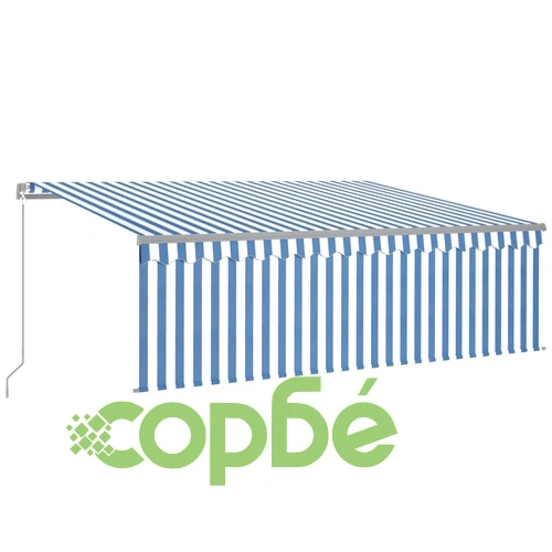 Ръчно прибиращ се сенник с щора и LED, 4x3 м, синьо и бяло ➤ топ цена ➤ sorbe.bg