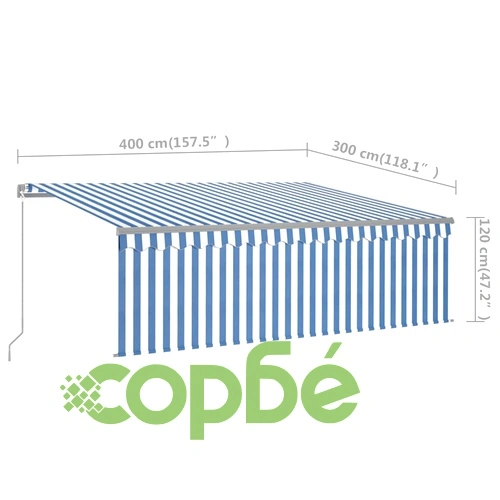 Ръчно прибиращ се сенник с щора и LED, 4x3 м, синьо и бяло ➤ топ цена ➤ sorbe.bg