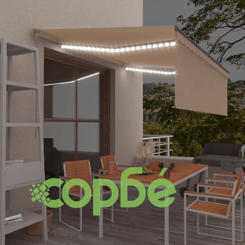 Ръчно прибиращ се сенник с щора и LED, 4x3 м, кремав ➤ топ цена ➤ sorbe.bg