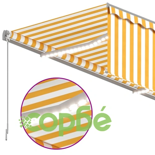 Ръчно прибиращ се сенник с щора и LED, 4x3 м, жълто и бяло ➤ топ цена ➤ sorbe.bg