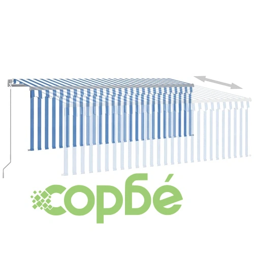 Ръчно прибиращ се сенник с щора и LED, 4,5x3 м, синьо и бяло ➤ топ цена ➤ sorbe.bg