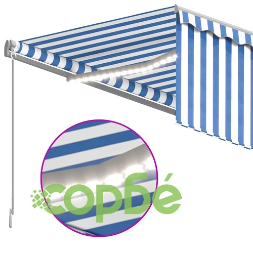 Ръчно прибиращ се сенник с щора и LED, 4,5x3 м, синьо и бяло ➤ топ цена ➤ sorbe.bg