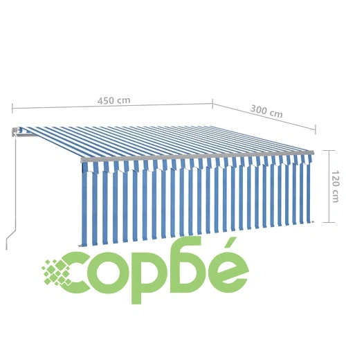 Ръчно прибиращ се сенник с щора и LED, 4,5x3 м, синьо и бяло ➤ топ цена ➤ sorbe.bg