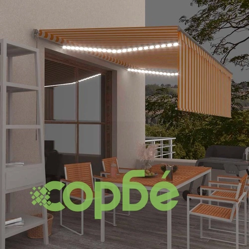 Ръчно прибиращ се сенник с щора и LED, 4,5x3 м, жълто и бяло ➤ топ цена ➤ sorbe.bg