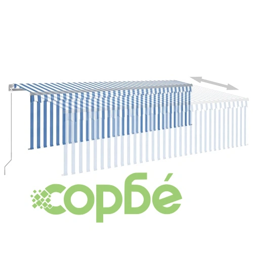 Ръчно прибиращ се сенник с щори, 5x3 м, синьо и бяло ➤ топ цена ➤ sorbe.bg