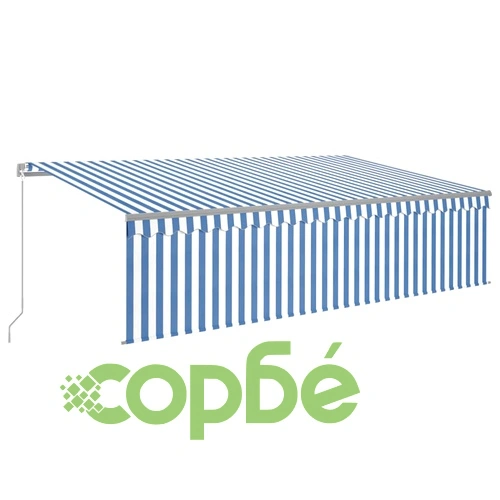 Ръчно прибиращ се сенник с щори и LED, 5x3 м, синьо и бяло ➤ топ цена ➤ sorbe.bg