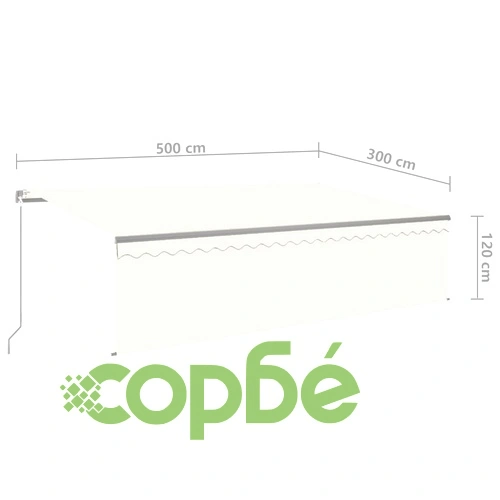 Ръчно прибиращ се сенник с щори и LED, 5x3 м, кремав ➤ топ цена ➤ sorbe.bg