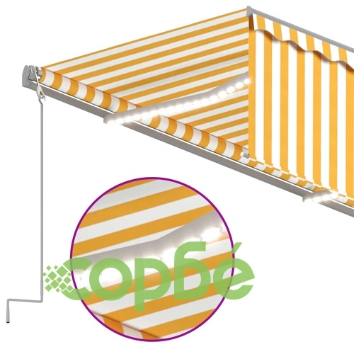 Ръчно прибиращ се сенник с щора и LED, 5x3 м, жълто и бяло ➤ топ цена ➤ sorbe.bg
