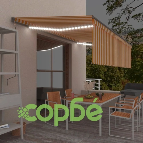 Ръчно прибиращ се сенник с щора и LED, 5x3 м, жълто и бяло ➤ топ цена ➤ sorbe.bg