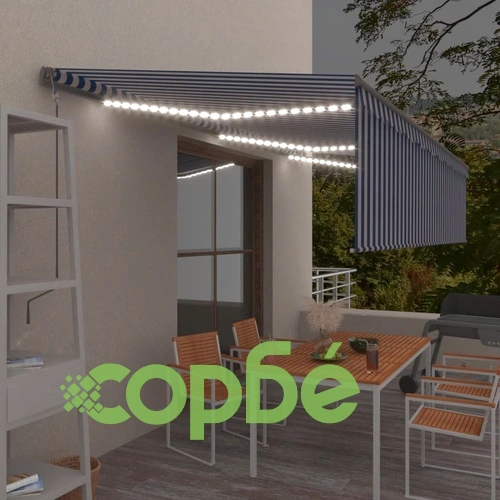 Автоматичен сенник щора LED сензор за вятър 6x3 м синьо и бяло ➤ топ цена ➤ sorbe.bg