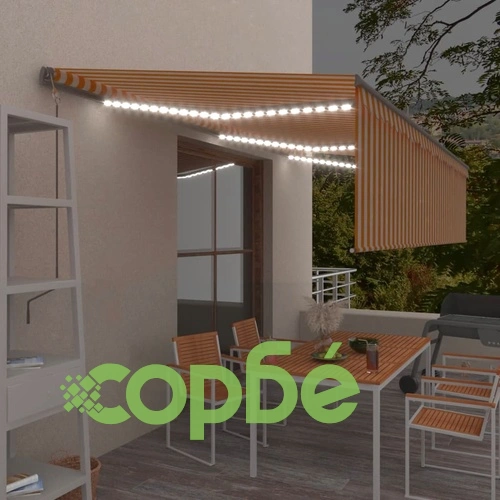 Автоматичен сенник щора LED сензор за вятър 6x3 м жълто и бяло ➤ топ цена ➤ sorbe.bg