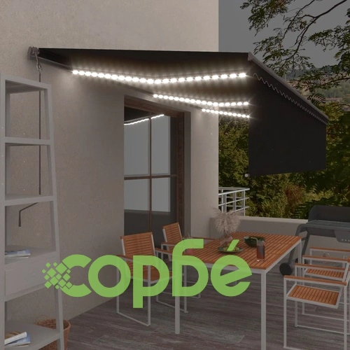 Автоматичен сенник с щора LED и сензор за вятър 6x3 м антрацит ➤ топ цена ➤ sorbe.bg