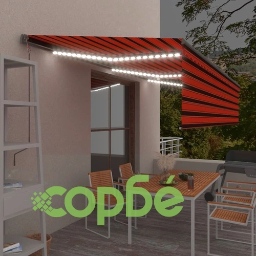 Автоматичен сенник с щора LED и сензор за вятър 6x3 м оранжев ➤ топ цена ➤ sorbe.bg