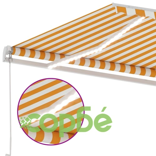 Ръчно прибиращ се сенник с LED, 300x250 см, жълто и бяло ➤ топ цена ➤ sorbe.bg