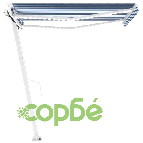 Ръчно прибиращ се сенник с LED, 350x250 см, синьо и бяло ➤ топ цена ➤ sorbe.bg
