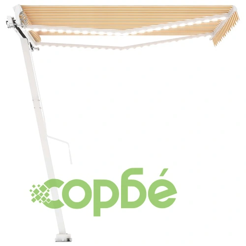 Ръчно прибиращ се сенник с LED, 350x250 см, жълто и бяло ➤ топ цена ➤ sorbe.bg