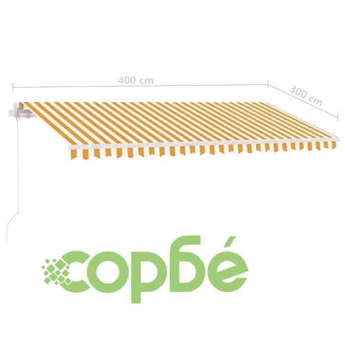 Ръчно прибиращ се сенник с LED, 400x300 см, жълто и бяло ➤ топ цена ➤ sorbe.bg
