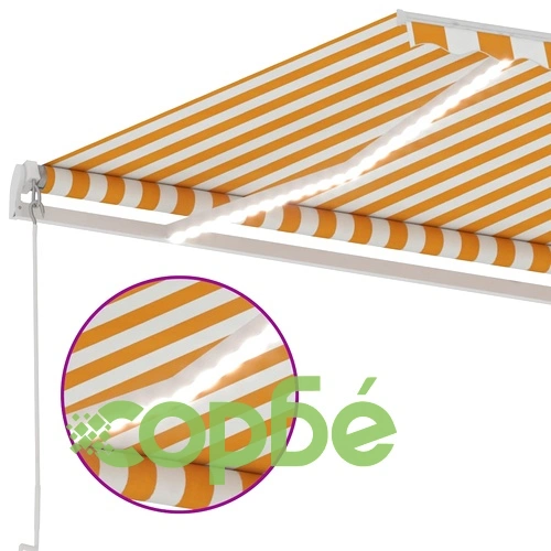 Ръчно прибиращ се сенник с LED, 400x300 см, жълто и бяло ➤ топ цена ➤ sorbe.bg