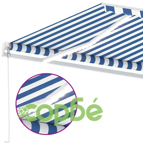 Ръчно прибиращ се сенник с LED, 450x300 см, синьо и бяло ➤ топ цена ➤ sorbe.bg