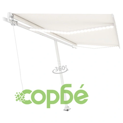 Ръчно прибиращ се сенник с LED, 450x300 см, кремав ➤ топ цена ➤ sorbe.bg