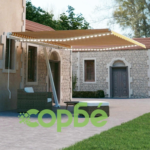 Ръчно прибиращ се сенник с LED, 450x300 см, жълто и бяло ➤ топ цена ➤ sorbe.bg