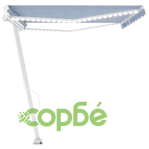 Ръчно прибиращ се сенник с LED, 500x300 см, синьо и бяло ➤ топ цена ➤ sorbe.bg