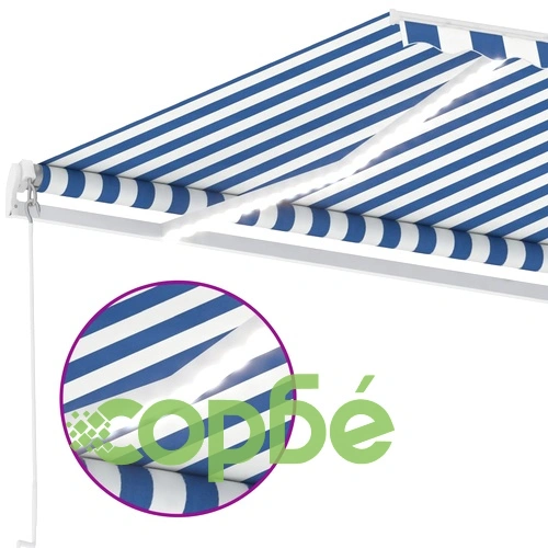 Ръчно прибиращ се сенник с LED, 600x300 см, синьо и бяло ➤ топ цена ➤ sorbe.bg