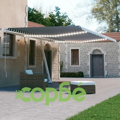 Автоматичен сенник LED сензор за вятър 600x300 см синьо и бяло ➤ топ цена ➤ sorbe.bg