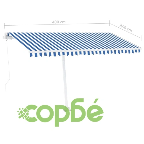 Ръчно прибиращ се сенник с LED, 400x350 см, синьо и бяло ➤ топ цена ➤ sorbe.bg