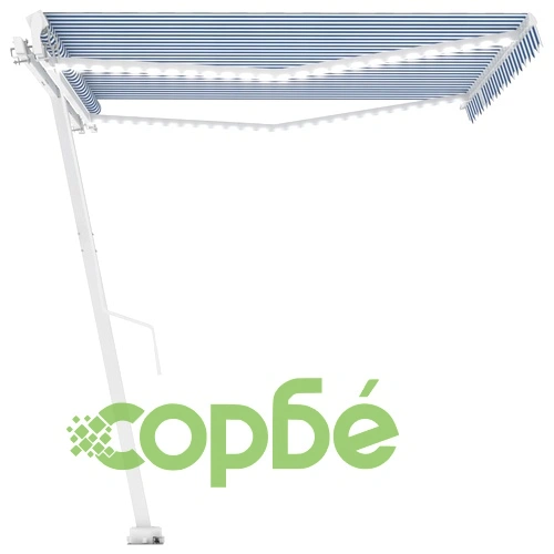 Ръчно прибиращ се сенник с LED, 450x350 см, синьо и бяло ➤ топ цена ➤ sorbe.bg