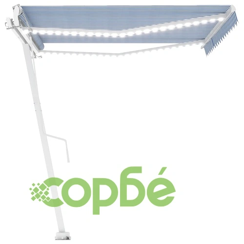 Автоматичен сенник LED сензор за вятър 450x350 см синьо и бяло ➤ топ цена ➤ sorbe.bg