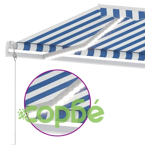 Автоматичен сенник LED сензор за вятър 450x350 см синьо и бяло ➤ топ цена ➤ sorbe.bg
