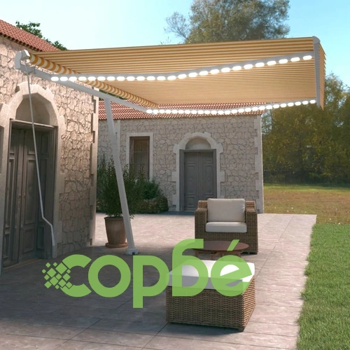 Ръчно прибиращ се сенник с LED, 500x350 см, жълто и бяло ➤ топ цена ➤ sorbe.bg