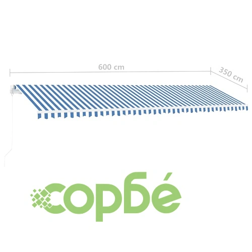 Ръчно прибиращ се сенник с LED, 600x350 см, синьо и бяло ➤ топ цена ➤ sorbe.bg