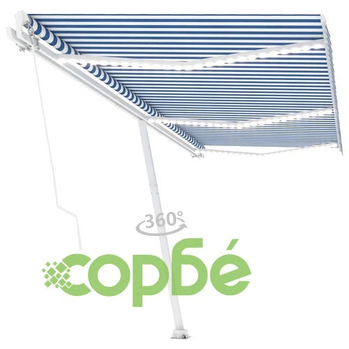 Ръчно прибиращ се сенник с LED, 600x350 см, синьо и бяло ➤ топ цена ➤ sorbe.bg