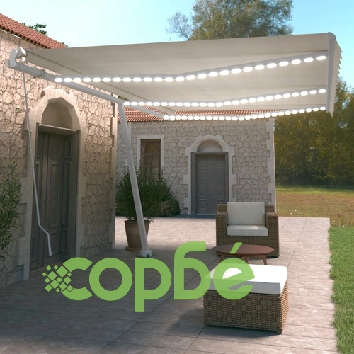 Ръчно прибиращ се сенник с LED, 600x350 см, кремав ➤ топ цена ➤ sorbe.bg