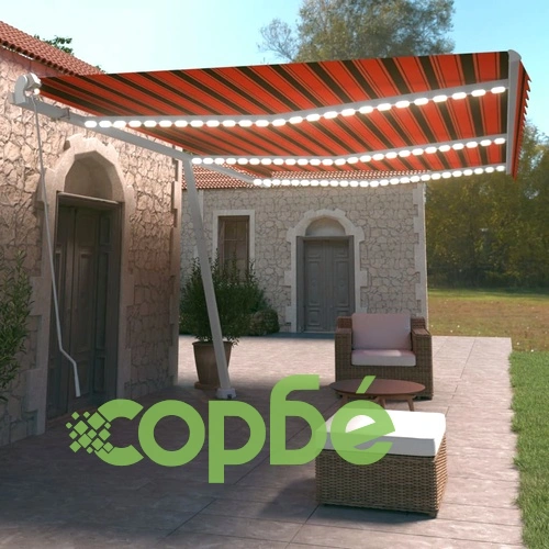 Ръчно прибираща се тента с LED, 600x350 см, оранжево и кафяво ➤ топ цена ➤ sorbe.bg