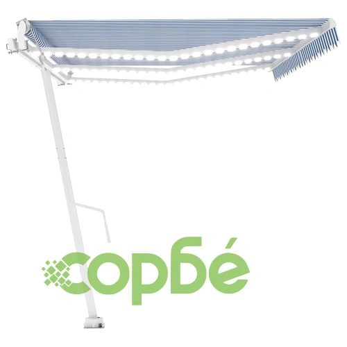 Автоматичен сенник LED сензор за вятър 600x350 см синьо и бяло ➤ топ цена ➤ sorbe.bg