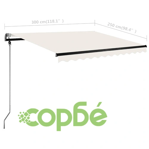 Ръчно прибираща се тента с LED, 300x250 см, кремава ➤ топ цена ➤ sorbe.bg