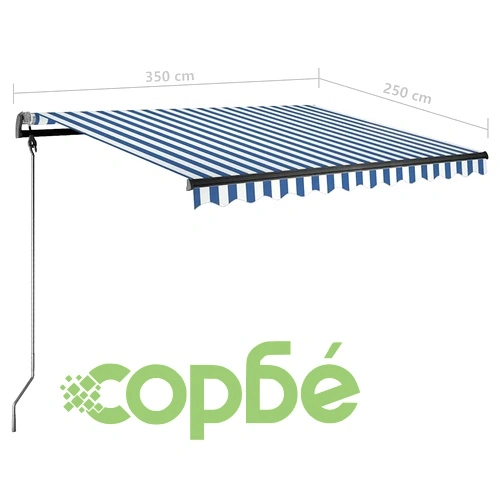 Ръчно прибиращ се сенник с LED, 350x250 см, синьо и бяло ➤ топ цена ➤ sorbe.bg