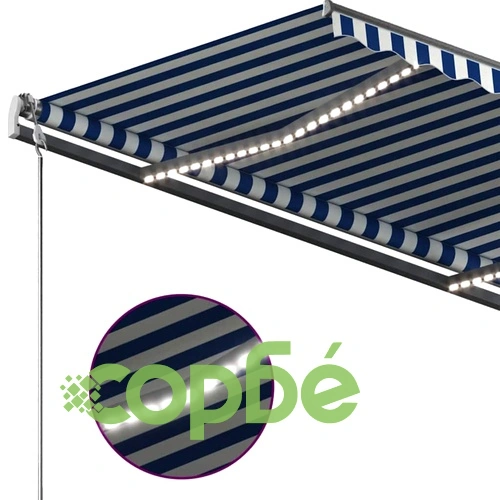 Ръчно прибиращ се сенник с LED, 350x250 см, синьо и бяло ➤ топ цена ➤ sorbe.bg