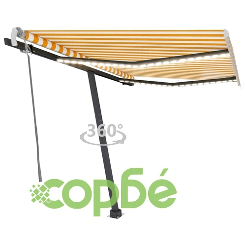 Ръчно прибиращ се сенник с LED, 350x250 см, жълто и бяло ➤ топ цена ➤ sorbe.bg