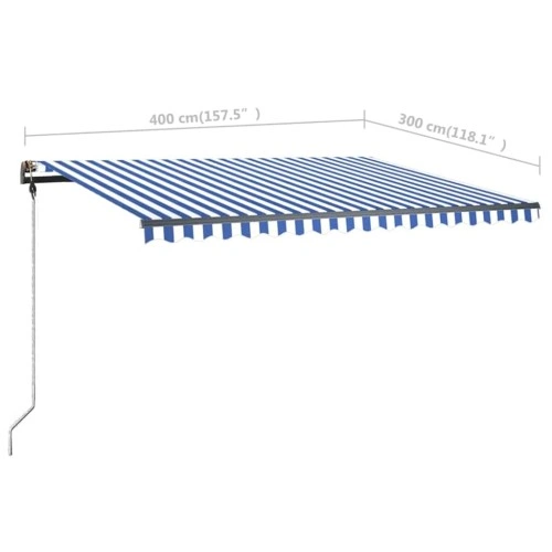 Ръчно прибиращ се сенник с LED, 400x300 см, синьо и бяло ➤ топ цена ➤ sorbe.bg