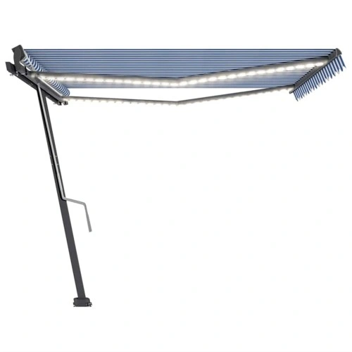 Ръчно прибиращ се сенник с LED, 400x300 см, синьо и бяло ➤ топ цена ➤ sorbe.bg